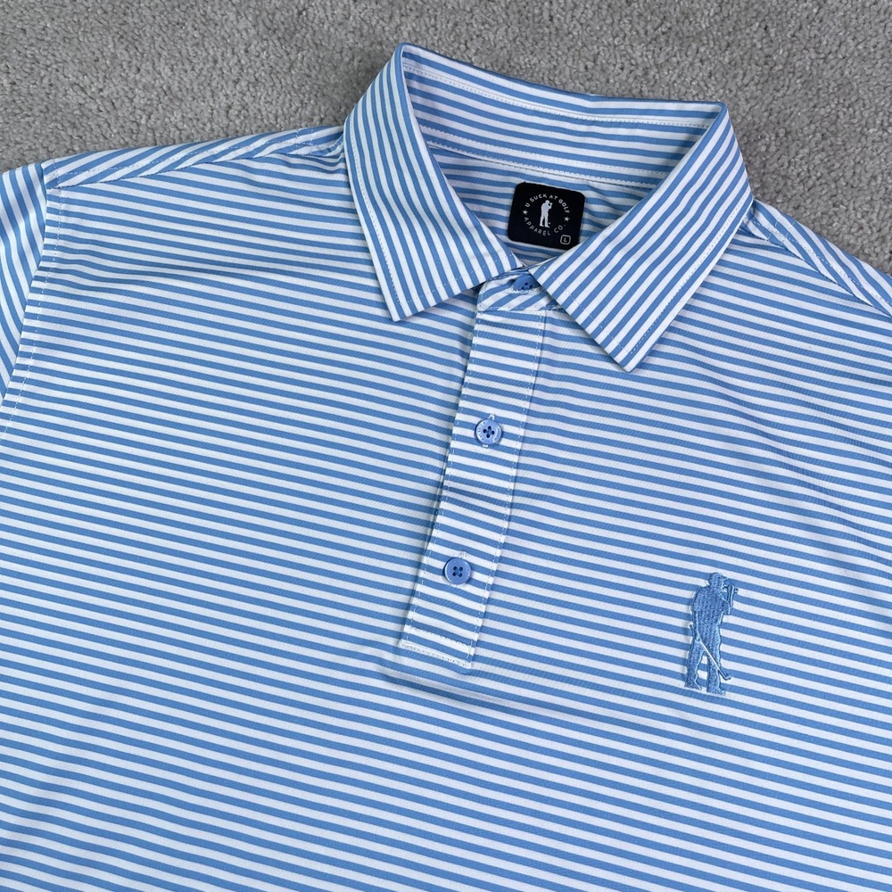 U Suck At Golf Polo Shirt Mens Large Blue Striped Performance Short Sleeve Golf